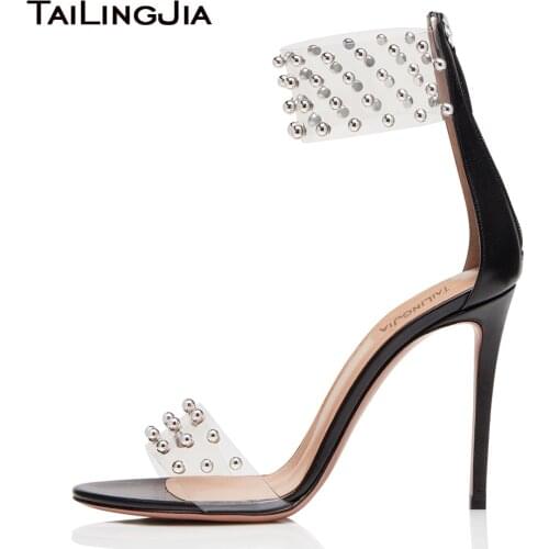 PVC Transparent Sandals for Women Studded High Heel Clear Shoes Ladies Studs Ankle Wrap Summer Shoes Party Evening Heels 2019