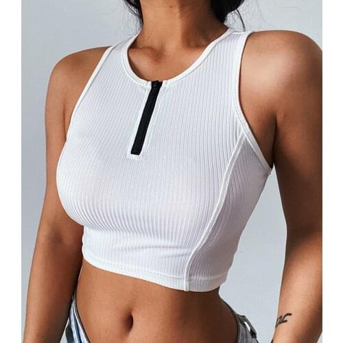 Zipper Tanks Crop Top White Women V-Neck Fashion New Slim Sleeveless Elastic Ribbed Casual Basic Ladies Sexy Cropped
