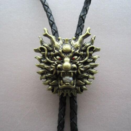 Vintage Bronze Plated Real White Pearl Dragon Bolo Tie Leather Necklace Neck Tie