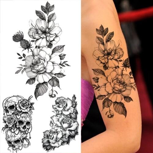 Black Dahlia Flower Temporary Tattoos For Women Men Adult Realistic Skull Rose Fake Tattoo Sticker Washable Arm And Waist Tatoos