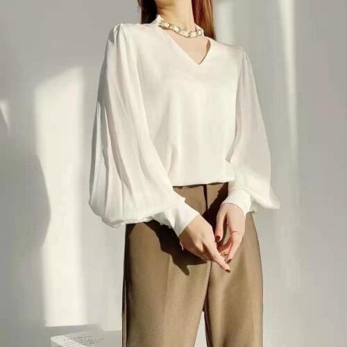 Real Silk V-neck Shirt Women 2021 Spring New Women' Long-Sleeved Mulberry Silk Solid Color Shirt Top C2126