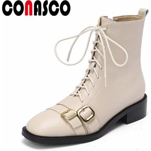 CONASCO 2021 Women Ankle Boots Autumn Winter Warm Genuine Leather Casual Prom Shoes Belt Buckle Motorcycle Boots Woman