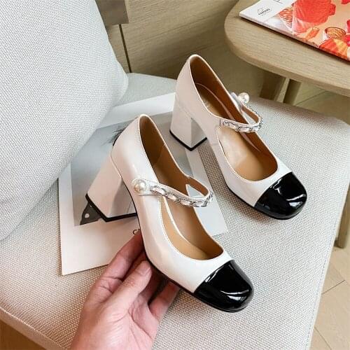 Osunlina Mary Janes Lady Pumps Round Toe Genuine Cow Leather Concise Footwear High Square Heels Metal Chain Casual Woman Shoes