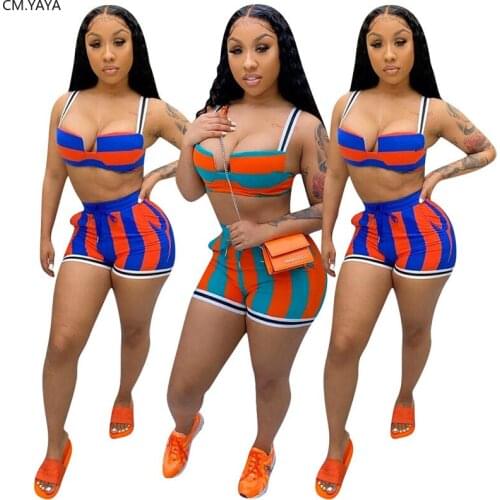 2020 Women Two Pieces Sets Summer Tracksuits Striped Print Strap Tops+Jogger Shorts Leggings Sexy Suit Fitness Outfit GL8210