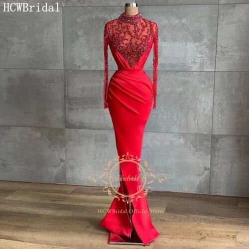 Exquisite Red Crystals Evening Dress Long Sleeves High Neck See Through Dubai Satin Formal Women Evening Gowns With Slit