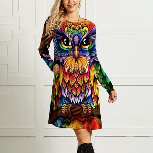Vintage Owl Abstract Colorful Print Long Sleeve High Waist Dress for Women Spring O-neck Animal Birds Pullover Straight Dress
