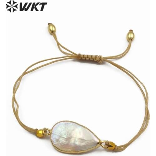 WT-B447 Natural Freshwater Pearl Jewlery Handmade Pearl Bracelet Teardrop Shape Pearl With Gold Trim Boho Style Bracelet Jewelry
