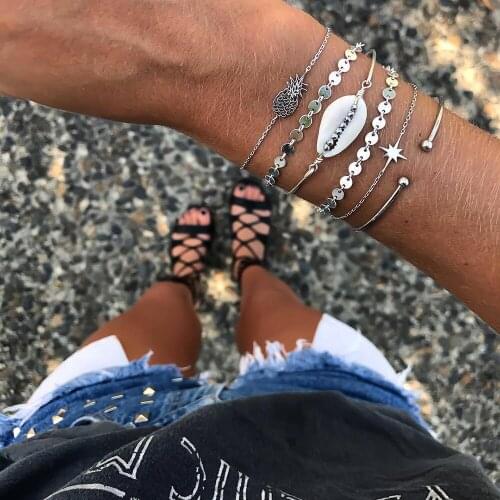 2020 Silver Color Sequined Pineapple Sun Shell Bracelet Fashion Bracelets For Women New Boho Multilevel Vintage Jewelry Gift