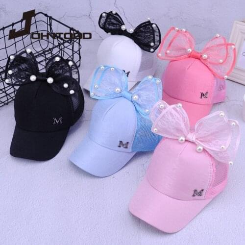 2021 Cute Children Mesh Cap Cloth Cap Spring Summer Child Baseball Cap Girls Snapback Caps Rabbit Ear Pearl Big Bow Kids Sun Hat