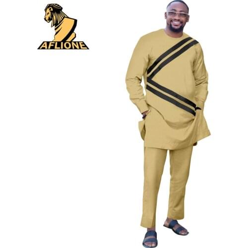 African Mens Fashion Two Piece Suit Dashiki Long Sleeve Shirt and Pant Casual Bazin Riche Attire v2116076