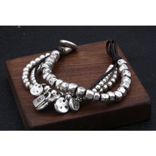 Mens women Solid 999 Sterling Silver leather bead Link charm Bracelet bangle Chain Jewelry A4602