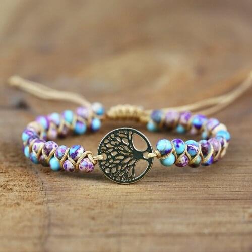 Handmade Natural Stone Boho Yoga Wrap Bracelet & Bangle Tree of Life African Japser Braided Charm Bracelet Women Men Gift