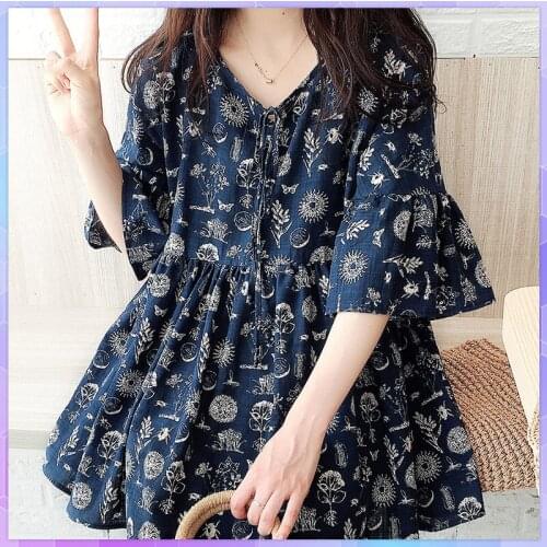 Floral Korean T-shirt Womens Tee Shirt Ethnic Loose Cotton And Linen Shirt Womens Clothing 2021 Thin Blusas Tshirt Femme