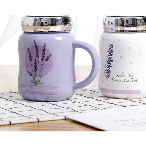 Lavender Cartoon Ceramic Water Mug with Cover Mirror Seal Leakproof Mug Fashion Cup Milk Juice Cup Home Office Drinkware 500ml