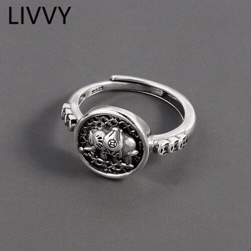 LIVVY Silver Color Retro Elephant Lotus Flower Mesh Hollow Ring Female Fashion Retro Unique Design Handmade Jewelry Adjustable