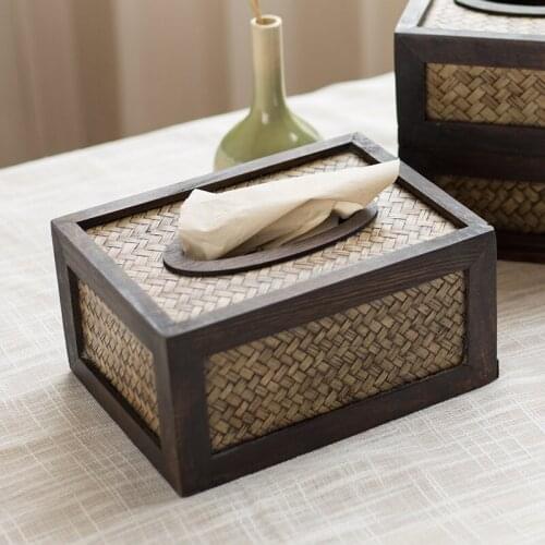 Creative Solid Wood Living Room Tissue Box Retro Bamboo Weaving Paper Towel Storage Container Office Rattan Wooden Napkin Holder