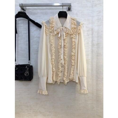 Fashion 2021 new ladies long-sleeved sexy casual silk stitching lace ribbon tie shirt 1203