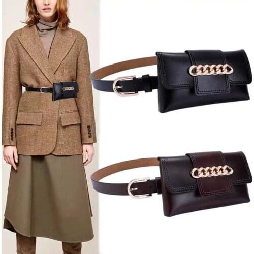 Fashion Womens Leather Belt Cowhide Waist Bag Removable Chains Casual Waistband Black Wild Decorative Skirt Windbreaker Belt