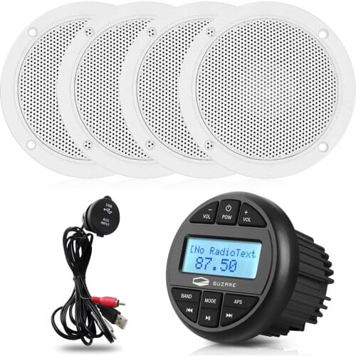 Marine Radio Waterproof Boat Stereo Bluetooth Receiver FM Car MP3 Player+Extension USB Audio Cable+2Pairs 4inch Marine Speakers
