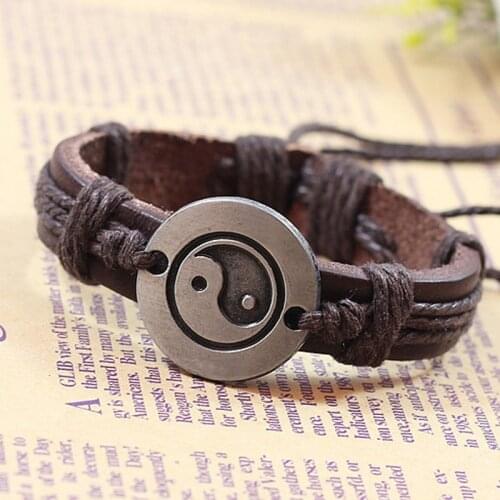 Браслет мужской Yin and Yang alloy bracelet leather braided bracelet brown Bracelet mens Retro Bracelet for men pulsera
