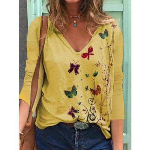New Style Womens T-Shirt Pullover Loose Casual V-Neck Long Sleeve T-Shirt Ladies Butterfly Print Cotton Tops Tee for Females