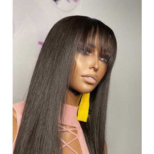 Wigs with Bangs Silky Straight Wig Synthetic Heat Resistant Fiber Hair Black Color Glueless Machine Made Wig