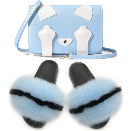 Summer Womens Real Fox Fur Slippers Ladies Fashion Fluffy Furry Slides Girls Cute Cat Small Square Bag Set Kids Shoulder Bags