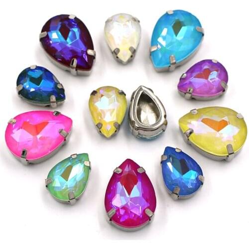 Teardrop Shape AB Mocha Glass Crystal Stones Sliver Sewing Claw Rhinestones For Needlework Clothing/Wedding Decoration