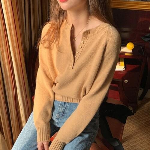Korean Fashion Khaki Sweater Women Autumn Winter Top Clothes Buttoned Pullover Knitted Sweaters Pull Femme