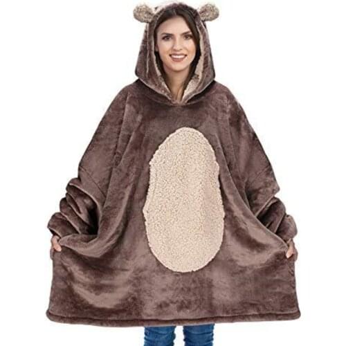 Oversized Hoodie Blanket Long Sleeves Sweatshirt Plaid Winter Fleece Pajamas For Women Sleepwear Robe Pyjamas With Pocket Pajama