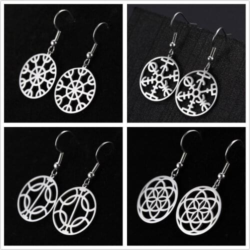 Skyrim Viking Compass Flower of Life Amulet Drop Earrings Stainless Steel Talisman Dangle Earring Jewelry Gift for Women Girls