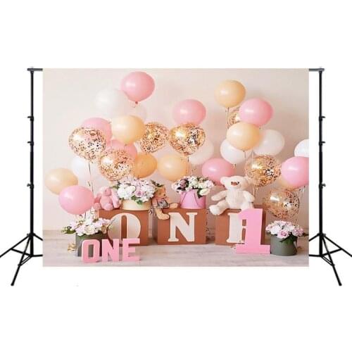 Orange Pink Balloons Girls Portrait Photography Backdrop One Year Birthday Party Photo Background Vinyl Photocall Booth Props