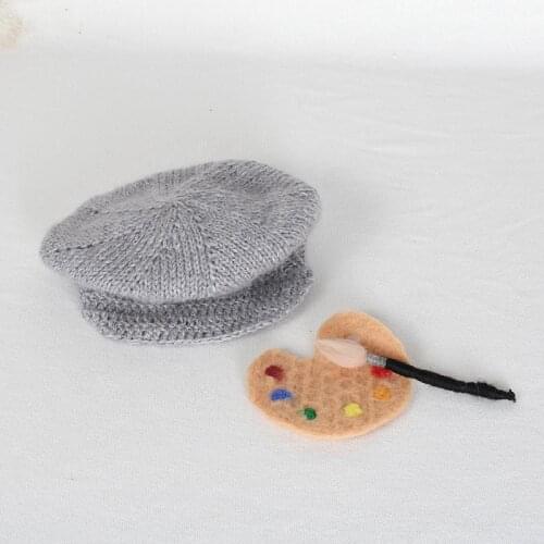 Vintage Baby Cap Photography Props Knitted Newborn Boy Hat Crochet Cotton Bonnet Cute Felted Wool Pen Baby Toy set Brush Props