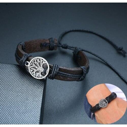 Vintage Tree Of Life Charm Leather Rope Chain Bracelets for Men Women Length Adjustable Bohemia Tribal Jewelry