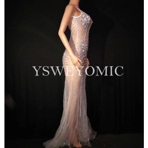 YSWEYOMIC Colorful Sparkly Crystal Long Dress Bling Nightclub Birthday Party Stage Wear Singer Dancer Costume Dress