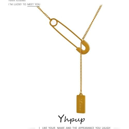 Yhpup Statement 18 K Metal Pin Long Chain Necklace Statement Stainless Steel Collar Stylish Necklace Jewelry bijoux ete 2021