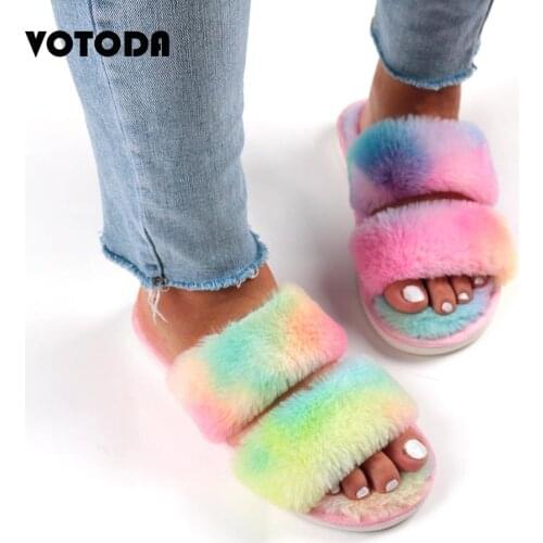 2020 Winter Furry Slippers Women Warm Flat Non-slip Flip Flops Fluffy Faux Fur Slides Fashion Cute Rainbow Sandals Ladies Shoes