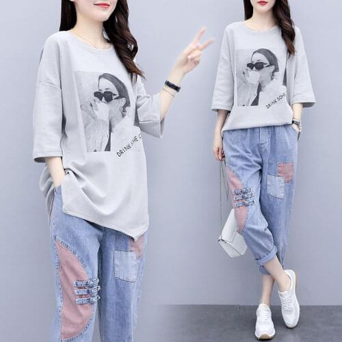 2021 New Summer Womens Set Korean Print T-Thirt And Hole Jeans Two Piece Sets Plus Size Loose Casual Denim Pants Female Outfit