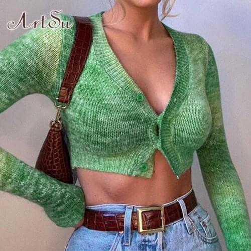 ArtSu Knitted Sweater Cardigan Y2K Clothes Autumn Long Sleeve Top Cropped Knitwear Outfits Jumper Women Green Crochet Sweaters