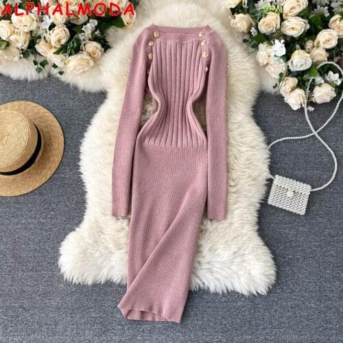 ALPHALMODA 2020 Autumn Winter Sparkling Vintage Women Knit Dress Long-sleeved Button Details Ladies Fashion Bottom Winter Dress