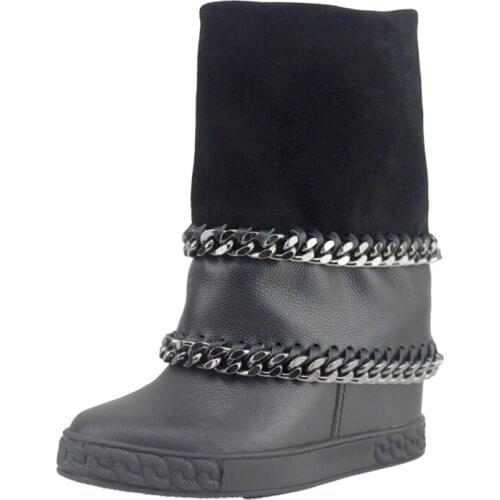 Winter Women Black Patent Leather Boots Long Winter Botas Height Increased High Heels Chunky Botines Chains Folder Cowboy Bottes