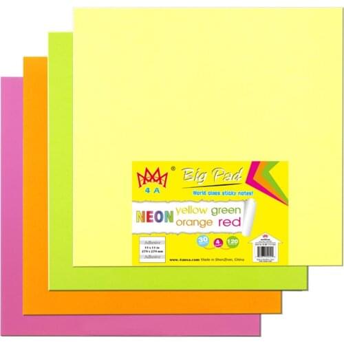 4A Sticky Big Pad,11x11 In,Large Size,Neon Yellow,Orange,Red and Green,Self-Stick Notes,30 Sheets/Pad,4 Pad/Pack,4A BP 1111-Nx4
