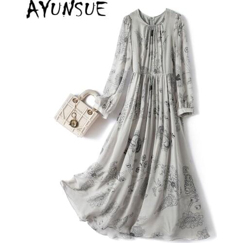 AYUNSUE 100% Silk Dress Woman New Vintage Dresses Floral Printed Full Sleeves Dress Famale Vestidos Elegantes Para Mujer SQQ38