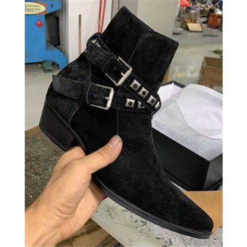 2020 New High End Luxury handmade Wedge pionted toe noble rivets Buckle Strap Leather men Boots