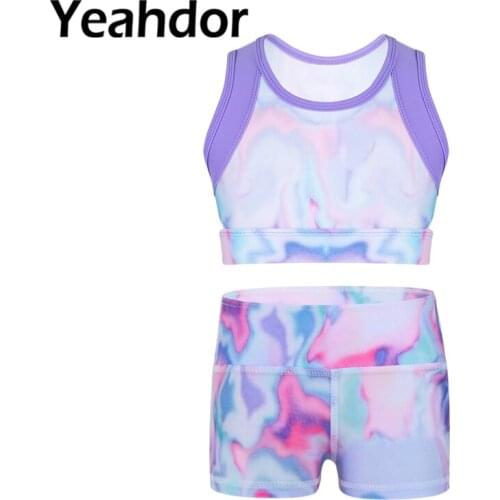 Kids Girls Colorful Stretchy Sleeveless Tie-Dye Ballet Dance Tanks Crop Top Boy-cut Dance Shorts Bottoms For Workout Gym Sports