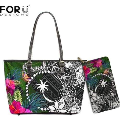 FORUDESIGNS Fashion Trend Women Shoulder Sac And Purse 2pcs Set Chuuk Turtle Plumeria Banana Leaf Printed Party Lady Bolsa