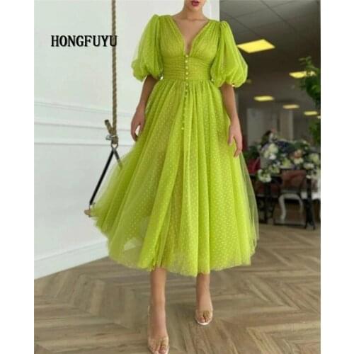 Hongfuyu Sparkly V-Neck Prom Dresses Puff Sleeves A-Line Short Evening Dresses Starry Tulle Tea-Length 2021 Formal Party Dresses