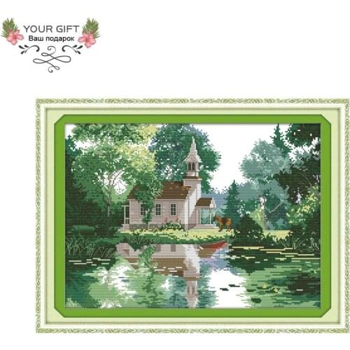 Joy Sunday F951 Counted and Stamped Home Decor The Lakeside Houses Needlework Needlepoint Embroidery DIY Cross Stitch kits