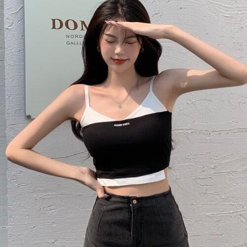 Korean Womens V Neck Color Matching Slim Sexy Exposed Navel Camisole Tank Top