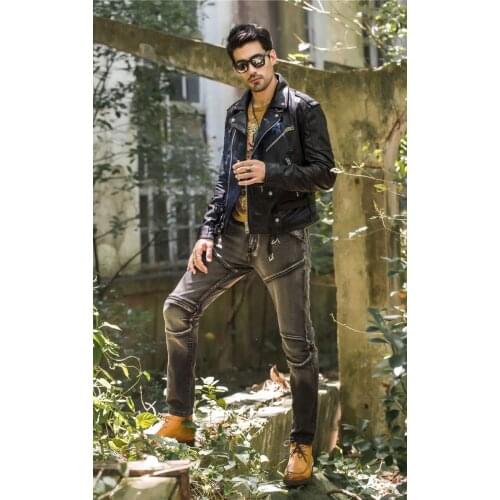 Mens fahsion double belts genuine black punk style fashion biker jacket men leather coat male new